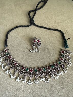 Traditional Silver-Tone Necklace Set with Red & Green Stones